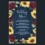 Sonnenblumen Burgundy Navy Blue Wedding Menu Cards<br><div class="desc">Das Design besticht durch tiefbordeauxfarbene rote Rosen,  Sonnenblumen,  Eukalyptus und andere Grünelemente auf einem rustikalen marineblauen Kornboden aus Stallholz.</div>