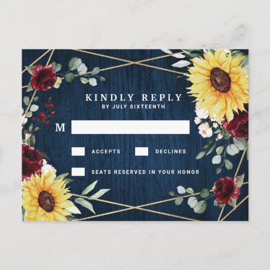 Sonnenblumen Burgundy Navy Geometric Wedding RSVP Postkarte (Vorderseite)