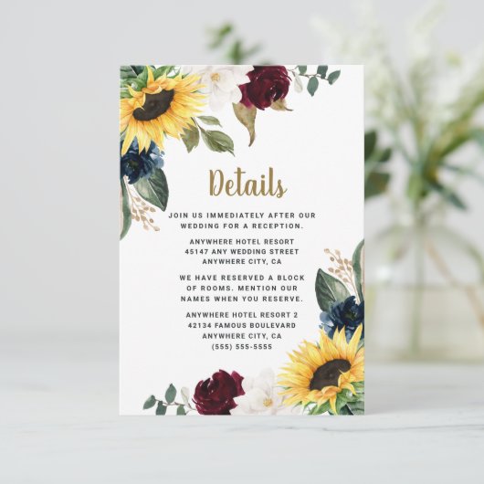 Sonnenblumen Burgundy Red and Navy Blue Rose Hochz Begleitkarte (Stehend Vorderseite)