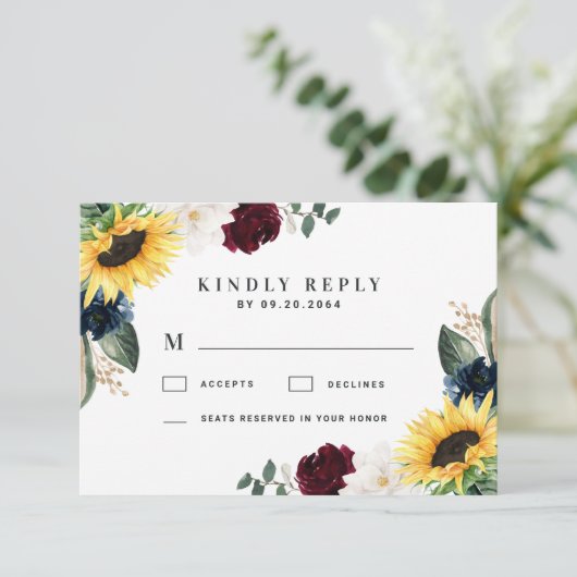 Sonnenblumen Burgundy Red and Navy Blue Rose Hochz RSVP Karte (Stehend Vorderseite)