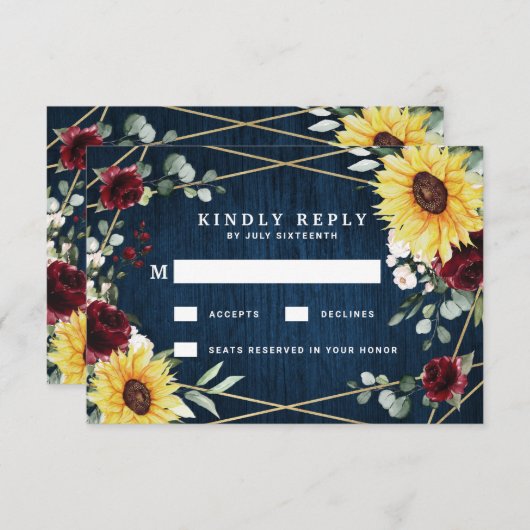 Sonnenblumen Burgundy Rose Geometrische Hochzeit d RSVP Karte (Vorne/Hinten)