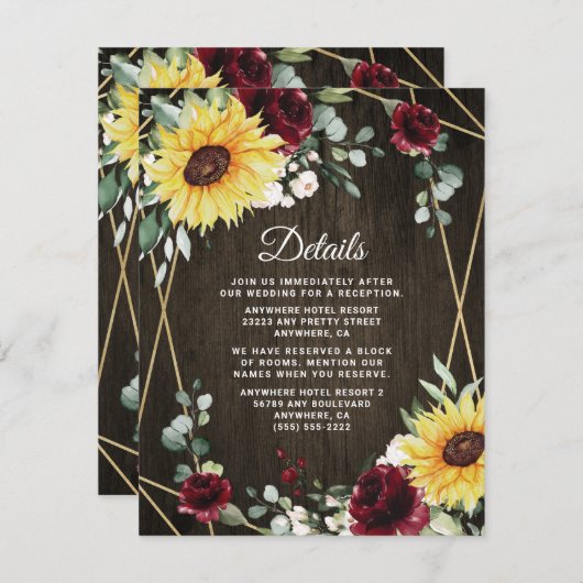 Sonnenblumen Burgundy Rose Rustikale geometrische Begleitkarte (Vorne/Hinten)