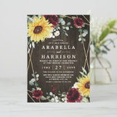 Sonnenblumen Burgundy Rose Rustikale geometrische Einladung (Stehend Vorderseite)