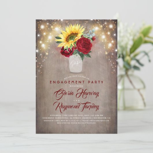Sonnenblumen Burgundy Rustic Fall Engagement Party Einladung (Stehend Vorderseite)