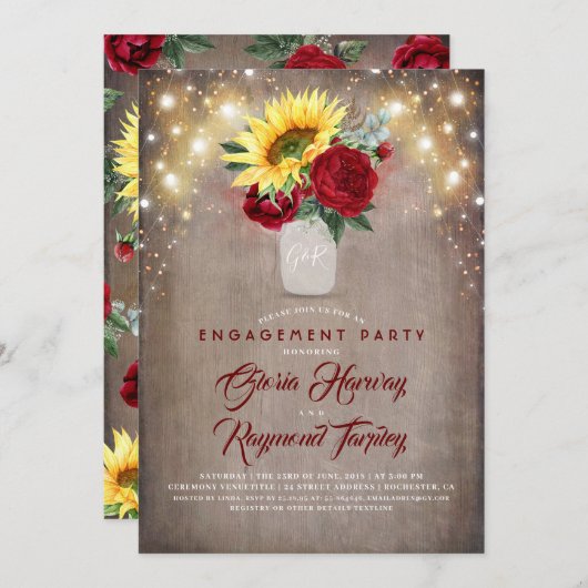 Sonnenblumen Burgundy Rustic Fall Engagement Party Einladung (Vorne/Hinten)
