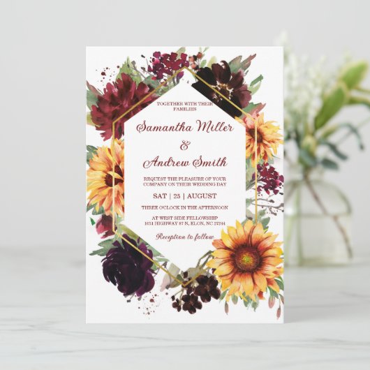 Sonnenblumen Burgundy Wedding Design Template Einladung (Stehend Vorderseite)