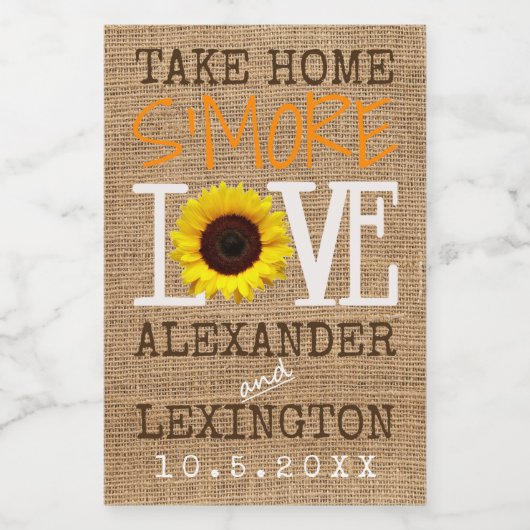 Sonnenblumen Burlap Fall Zuhause S'More Liebe Wedd Lebensmitteletikett (Einzelnes Label)