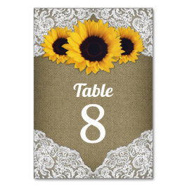 Sonnenblumen Burlap Lace Hochzeit Tischnummer Card
