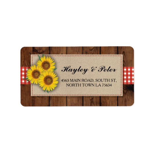 Sonnenblumen Burlap Red Karo Elegante Address Labe Adressaufkleber (Vorne)