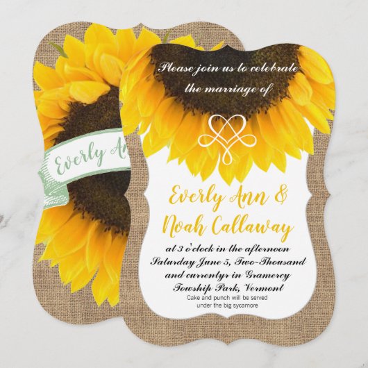 Sonnenblumen-Burlap-Typografie Einladung Hochzeit (Vorne/Hinten)