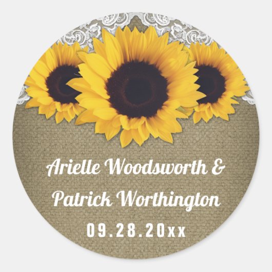 Sonnenblumen-Burlap- und Spitzen-Gastgeschenk Hoch Runder Aufkleber (Vorderseite)