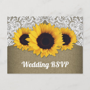 Sonnenblumen-Burlap- und Spitzen-Hochzeit-RSVP-Pos Einladungspostkarte