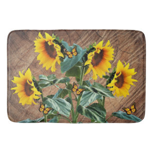 Sonnenblumen Butterfliegen Rustikales Barnboard Badematte