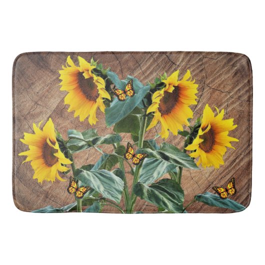 Sonnenblumen Butterfliegen Rustikales Barnboard Badematte (Vorderseite)