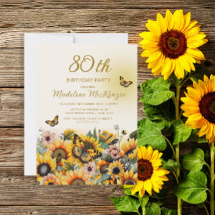 Sonnenblumen Butterflies 80. Geburtstagsparty Einladung