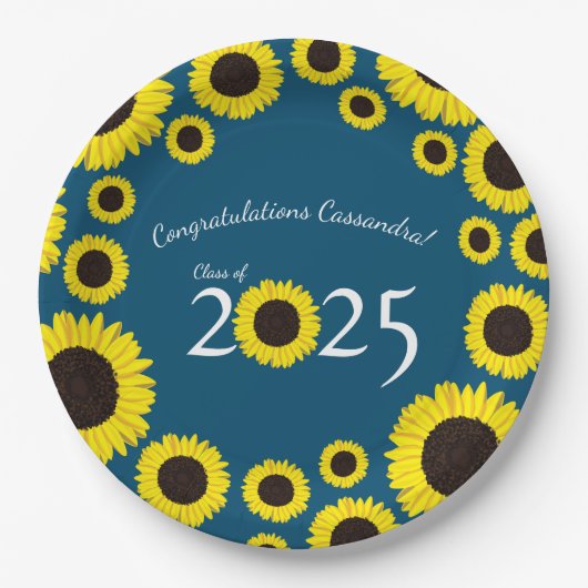 Sonnenblumen Country Graduation Party Blau Pappteller (Vorderseite)
