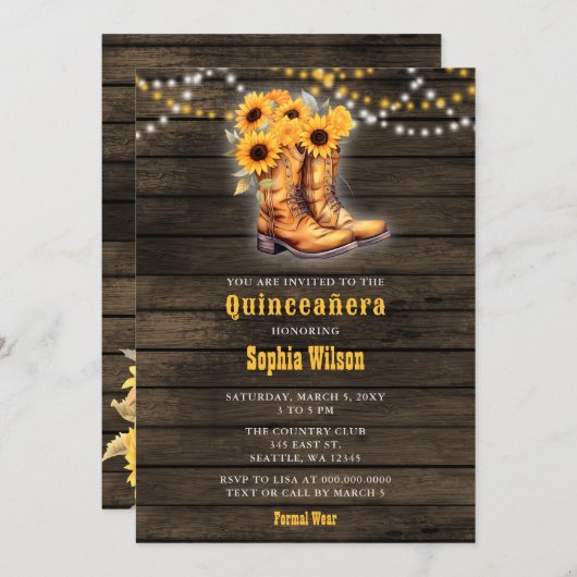 Sonnenblumen Cowboy Boots Barn Wood Quinceañera Einladung (Vorne/Hinten)