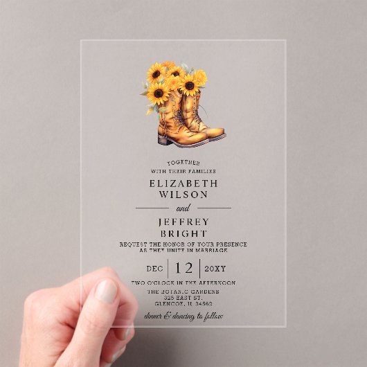 Sonnenblumen Cowboy Boots Barn Wood Western Hochze Acryleinladungen (Insitu (Handheld))