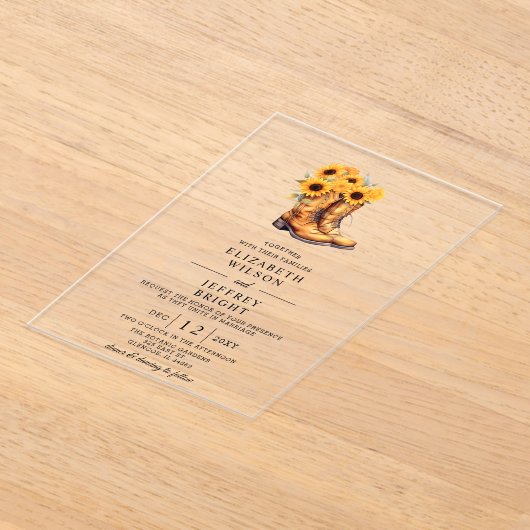 Sonnenblumen Cowboy Boots Barn Wood Western Hochze Acryleinladungen (Ablage )