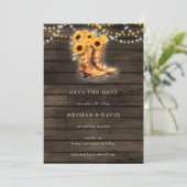 Sonnenblumen Cowboy Boots Barnholz Save the Date Ankündigung (Stehend Vorderseite)