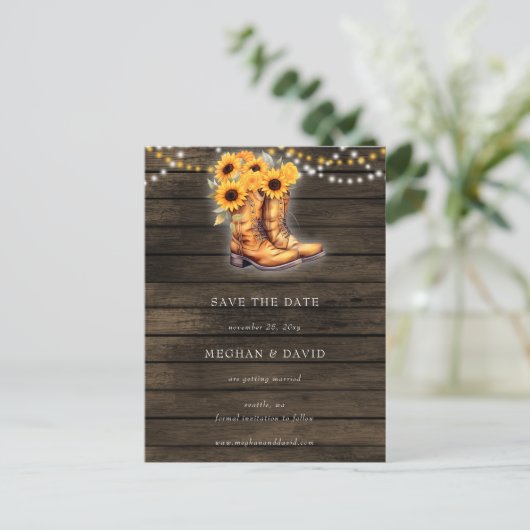 Sonnenblumen Cowboy Boots Barnholz Save the Date Postkarte (Stehend Vorderseite)