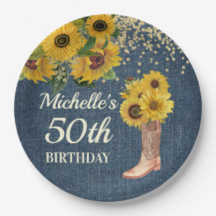 Sonnenblumen Cowboy Boots Blue Denim 50. Geburtsta Pappteller