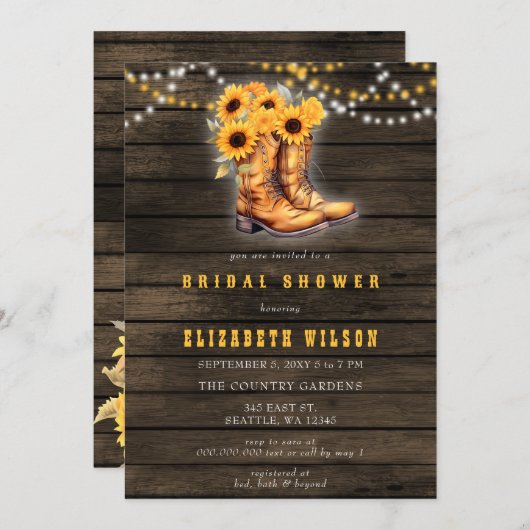 Sonnenblumen Cowgirl Boots Western Brautparty Einladung (Vorne/Hinten)