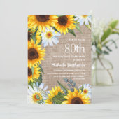 Sonnenblumen Daisies Burlap Country 80. Geburtstag Einladung (Stehend Vorderseite)