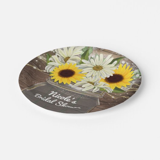 Sonnenblumen & Daisies Mason Jar Sparkle Rustikale Pappteller (Schrägansicht)