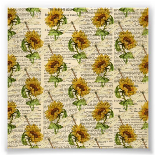 Sonnenblumen Dragonfis Old Newspaper Country Style Fotodruck (Vorne)