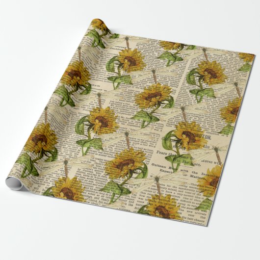 Sonnenblumen Dragonflies Alte Zeitung Country Stil Geschenkpapier (Ungerollt)