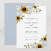 Sonnenblumen Dusty Blue Blumen Grüne Hochzeit Einladung (Vorne/Hinten)