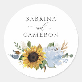 Sonnenblumen Dusty Blue Floral Eleganter Umschlag  Runder Aufkleber