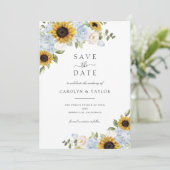 Sonnenblumen Dusty Blue Floral Save the Date rusti Einladung (Stehend Vorderseite)