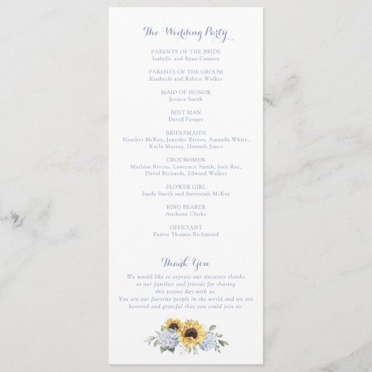 Sonnenblumen Dusty Blue Hydrangea Wappen Hochzeit Programm (Rückseite)