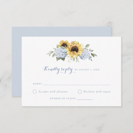 Sonnenblumen Dusty Blue Hydrangea Wedding RSVP Einladung (Vorne/Hinten)