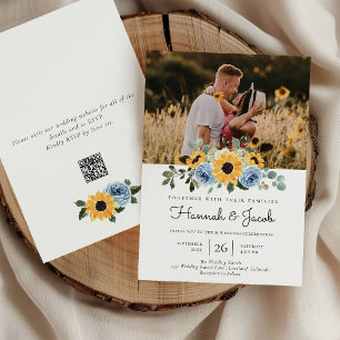 Sonnenblumen Dusty Blue Rustic Foto QR Code Hochze Einladung