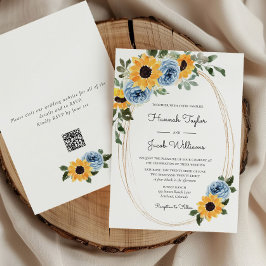 Sonnenblumen Dusty Blue Rustic QR Code Hochzeit Einladung