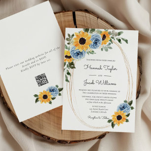 Sonnenblumen Dusty Blue Rustic QR Code Hochzeit Einladung