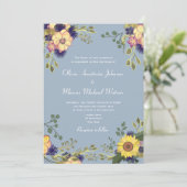 Sonnenblumen Dusty Blue Wedding QR Code Einladung (Stehend Vorderseite)
