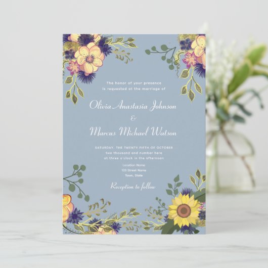 Sonnenblumen Dusty Blue Wedding QR Code Einladung (Stehend Vorderseite)
