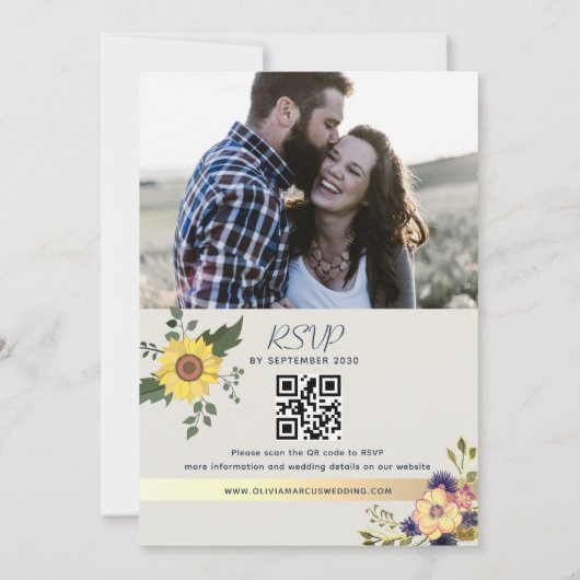 Sonnenblumen Dusty Blue Wedding QR Code Einladung (Rückseite)