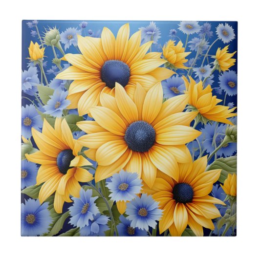 Sonnenblumen Elegant mit weichen blauen Wildblumen Fliese (Vorderseite)