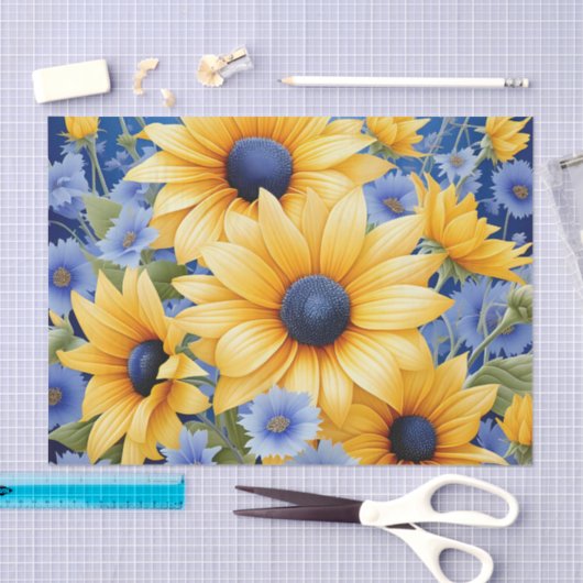 Sonnenblumen Elegant mit weichen blauen Wildblumen Seidenpapier (Handwerk)