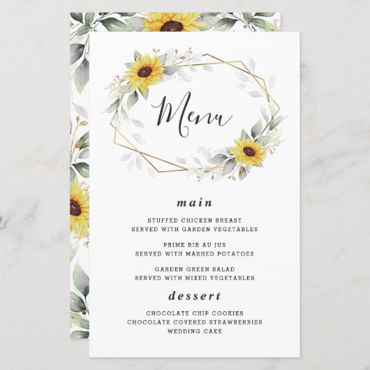 Sonnenblumen Elegante Geometrische Menü-Karten für (Vorne/Hinten)
