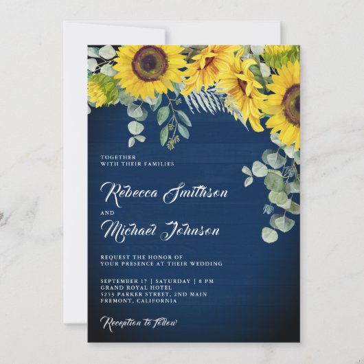 Sonnenblumen Eucalyptus QR Code Navy Blue Wedding Einladung (Vorderseite)