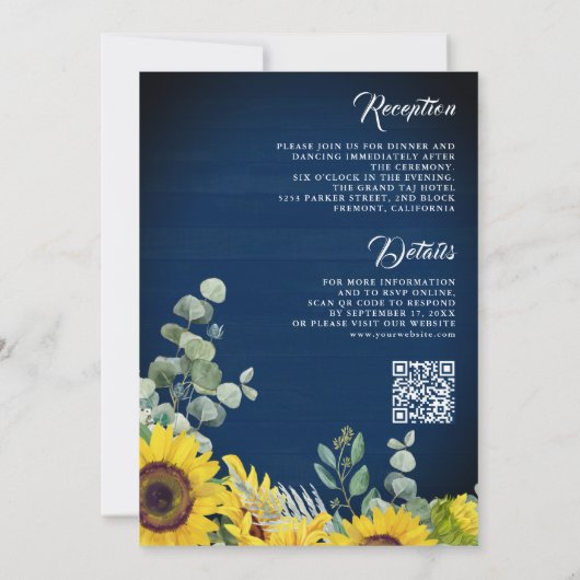 Sonnenblumen Eucalyptus QR Code Navy Blue Wedding Einladung (Rückseite)