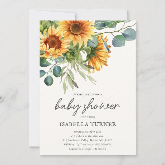 Sonnenblumen & Eukalyptus Baby Dusche Einladung (Vorderseite)