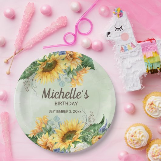 Sonnenblumen Eukalyptus-Blätter Geburtsdatum Pappteller (Party)