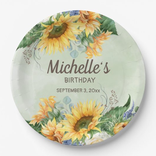 Sonnenblumen Eukalyptus-Blätter Geburtsdatum Pappteller (Vorderseite)